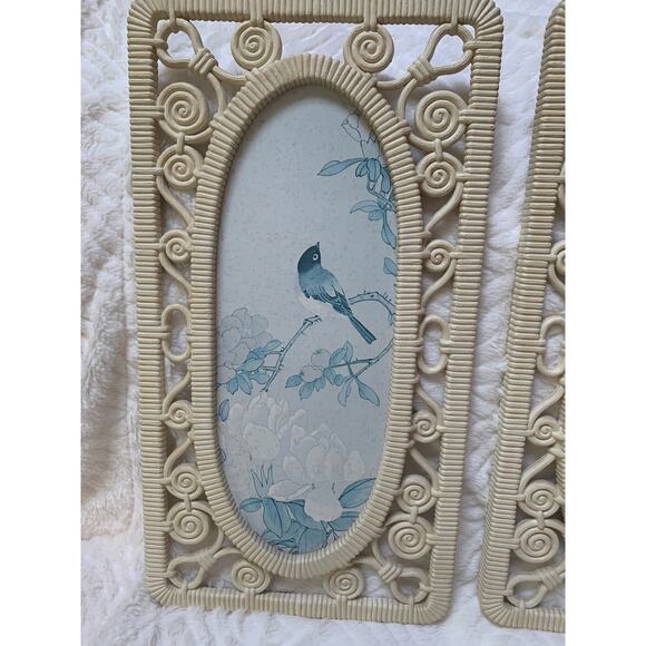Vintage Syroco MCM Plastic Ratan Look Framed Bird Art Set of 2 USA - Picture 3 of 6